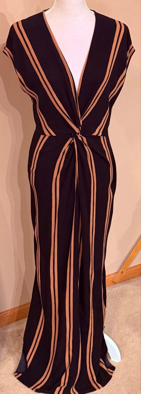 Lulus Black Tan Striped Twist Front Maxi Dress Deep V Neck Side Slit Large L